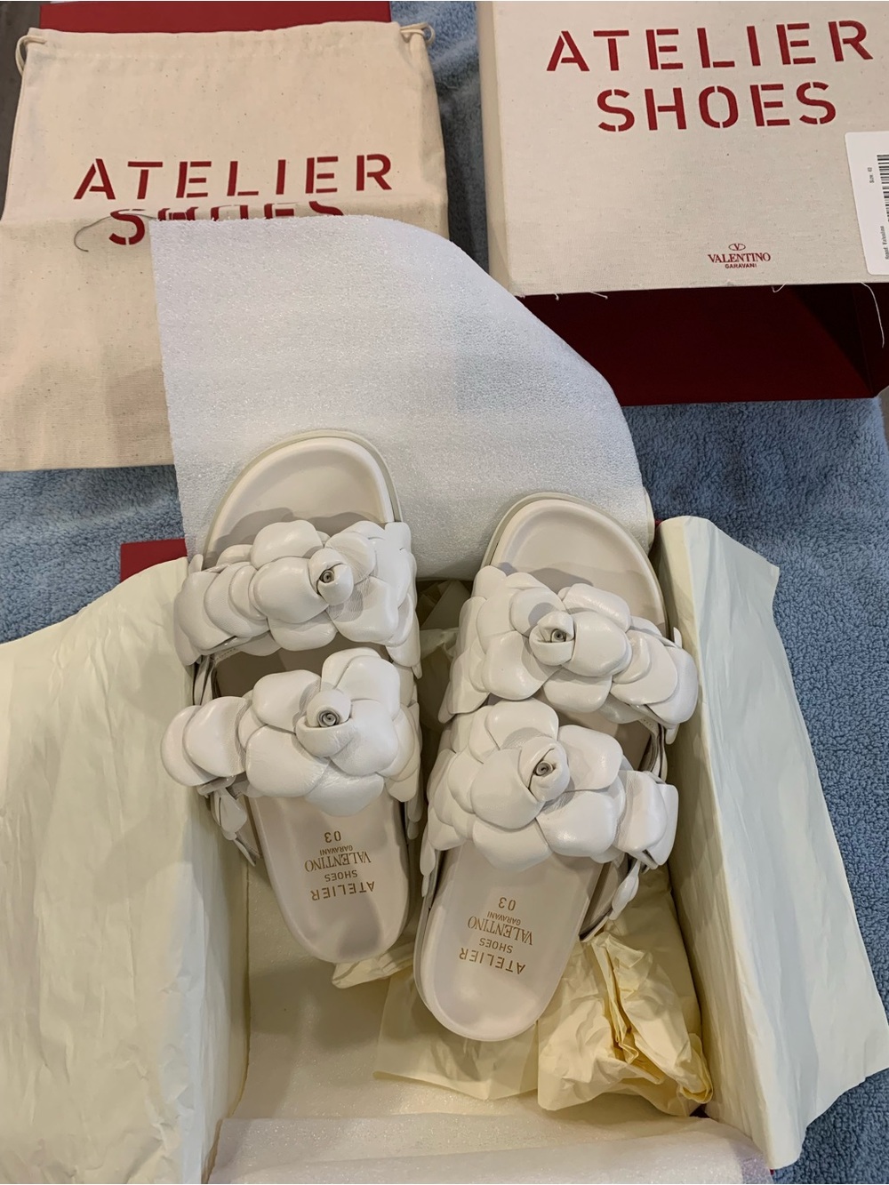 Valentino White Floral Leather Slide Sandals with Camellia Appliqués